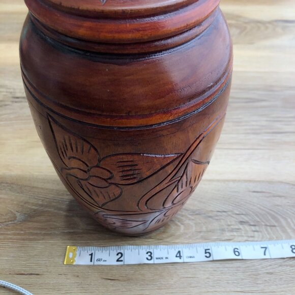 Vintage Hand Carved Wooden Vase With Lid Urn Floral Pedestal Jar 13in - Picture 9 of 9